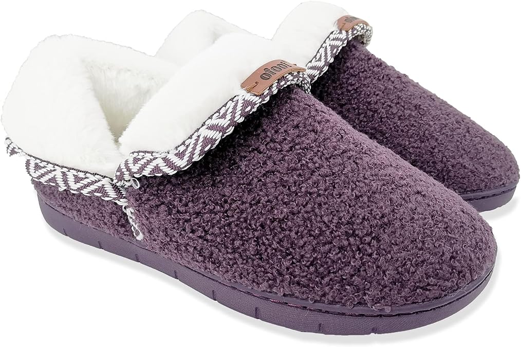 ofoot Women's Warm Fuzzy House Slippers with Back,Faux Fur Bedroom Shoes Soft Thick Memory Foam Plush Lining Indoor Outdoor Non Slip Rubber Soles