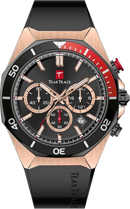 TEARTRACE Mens Red Watches for Men Waterproof Quartz Chronograph Stopwatch Analog Sports Water Resistant 43MM Big Face Silicone Bracelet Male Wristwatch