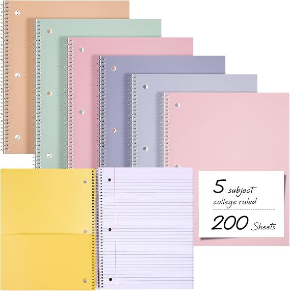 Qilery 6 Pack 5 Subject Notebook College Ruled with Hardcover 200 Sheets Thick Pages 8 x 10.5 Inch Spiral Journal Thick Notebook 3 Hole Assorted Colors Easy Tear Line Office(Pastel Colors)