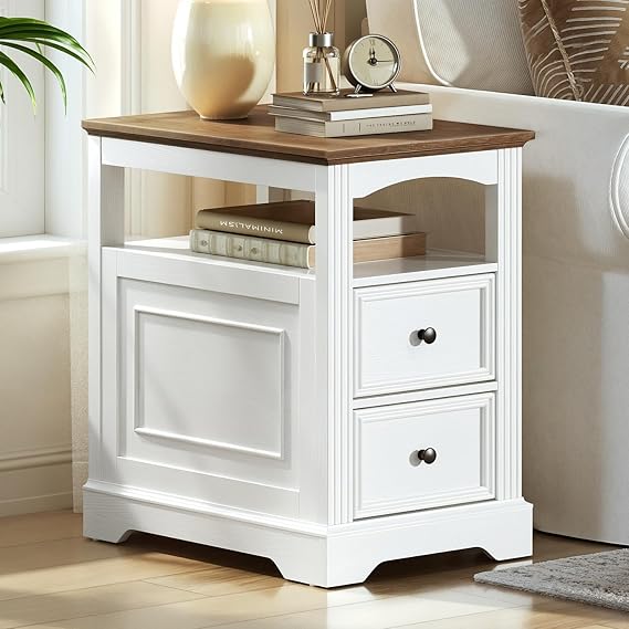 RALGEND Farmhouse End Table with 2 Drawers, Narrow Sofa Side Table with Storage and Open Shelf, Wooden Nightstand for Small Spaces, Bedroom, Living Room, White and Walnut