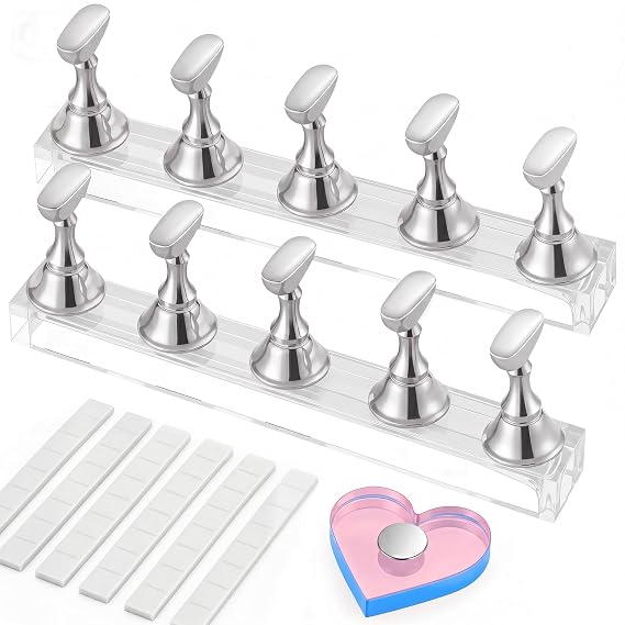 Nail Stand for Press Ons, Magnetic Fake Nail Holder for Painting Nails,Nail Stands for Nail Art with Reusable Putty Home Salon DIY Display Supplies (Silver)