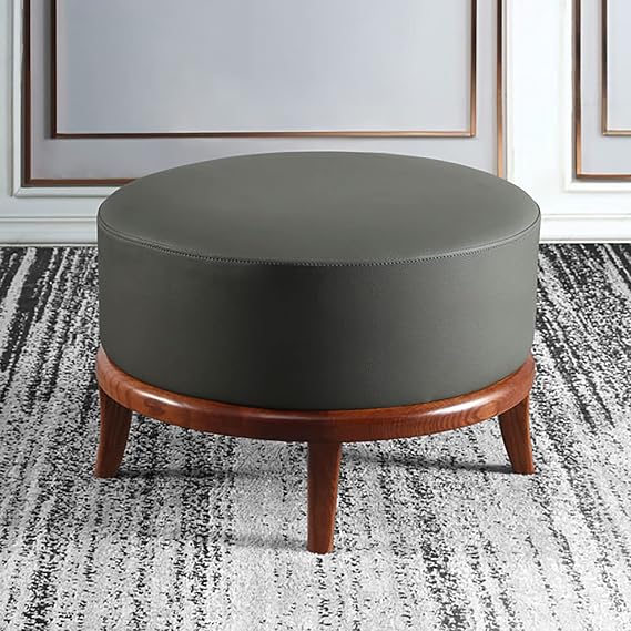 Pu Leather Foot Stool,Small Round Ottoman with Wood Legs,Modern Upholstered Foot Rest Coffee Table for Livingroom Bedroom Vanity Stool-Round Grey 50x50x32cm(20x20x13inch)