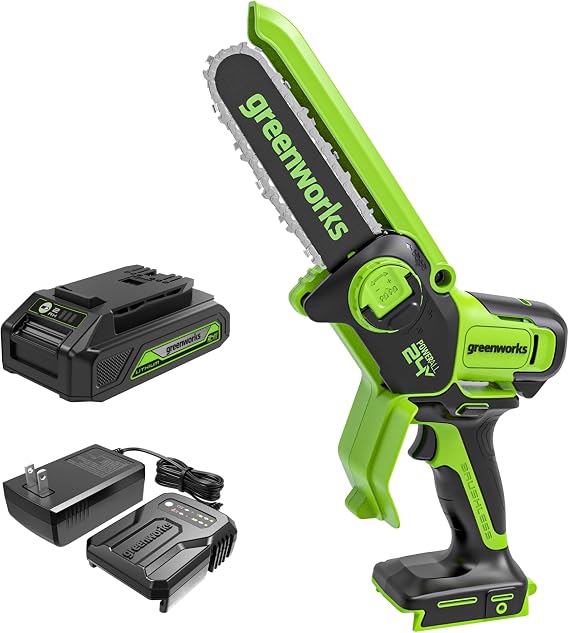 Greenworks 24V 6in Mini Chainsaw, 2.0 Ah Battery and Charger | Greenworks 48 Wh Charger Included, Brushless Motor, Tool-Free Tensioning, Compact Size, Ideal for Small Limbs, Light Pruning