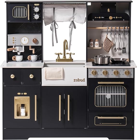 ROBUD Wooden Play Kitchen Set for Kids and Toddlers with Coffee Machine, Ice Maker, Microwave, Oven, Large Cabinet, 12 Accessories, Gift for 3+, Black