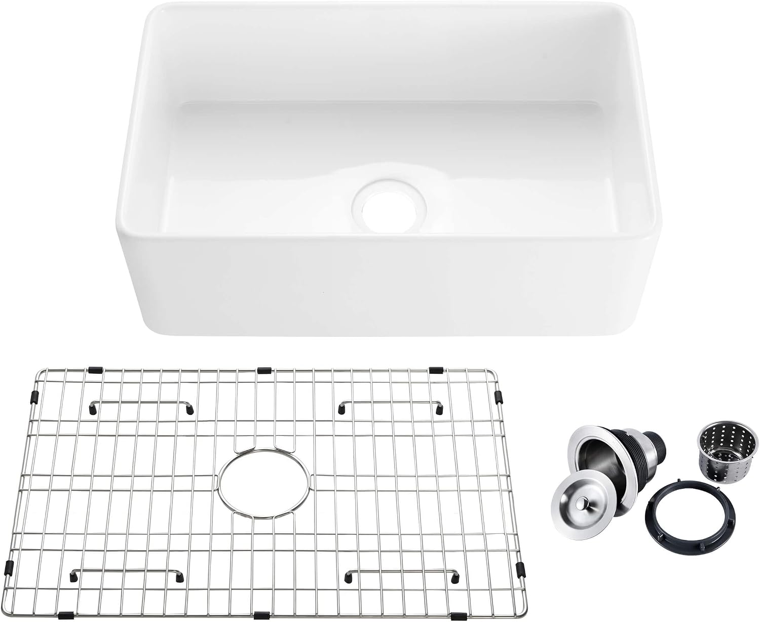 KIBI K2-SF30 Single Bowl Heat Safe Glazing Fireclay Farmhouse Kitchen Sink Apron Front 30 inch with Bottom Grid and Strainer Pure series White