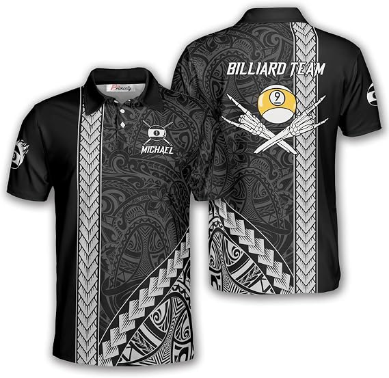 PRIMESTY Grim Reaper Skull 9 Ball Pool Shirts Men, Custom Name Tribal Billiard Polo Jersey, Personalized Pool Shirt S-5XL