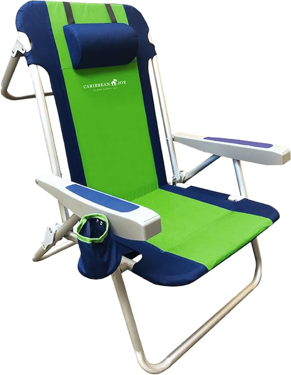 Caribbean Joe Folding Beach Chair, 5 Position Portable Backpack Foldable Camping Chair with Headrest, Cup Holder, and Armrests, Navy/Green