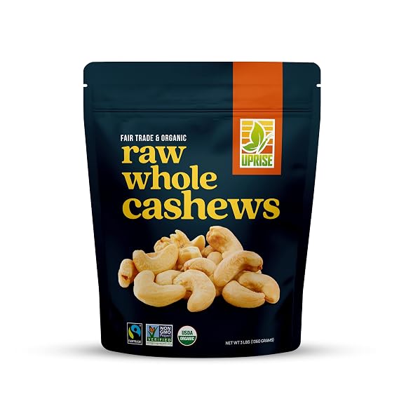 Fair Trade Organic Raw Cashews W320 (3 lb) Whole Unsalted Cashew Nuts for Snacking, Baking & Cooking Non-GMO, Vegan, Healthy Nuts, USDA Organic