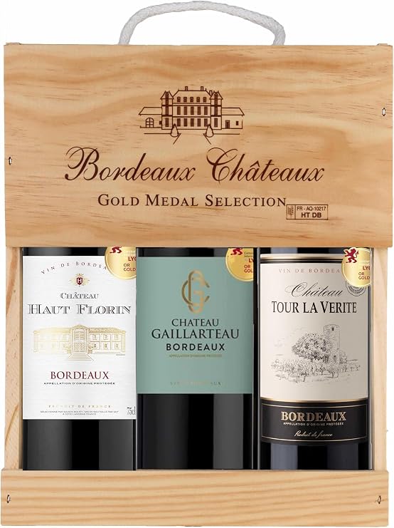 Selection Bordeaux - Gift box 3 Red Wines with gold medal in wooden case - Ideal to offer - Origin : Bordeaux, France (3 x 0.75 l)