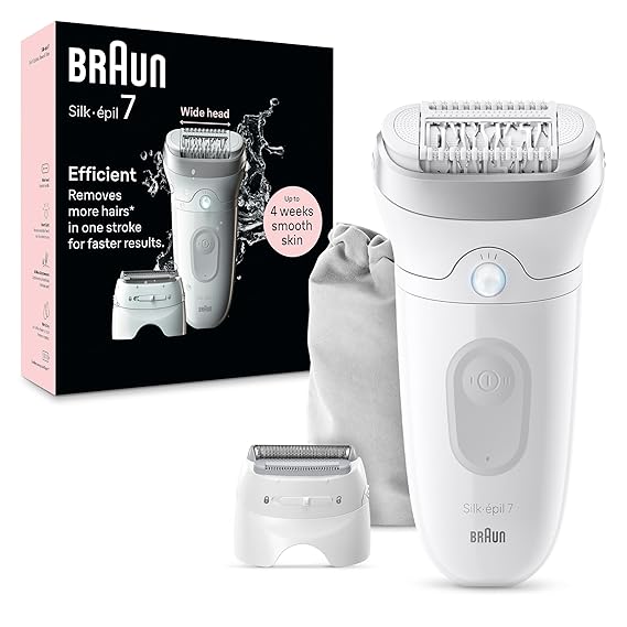 Braun Epilator Silk-epil 7, Hair Removal Device, Women Shaver & Trimmer, Wet and Dry, Wide Head, Includes Shaver Head and Trimmer Comb, SE7-041, Silver
