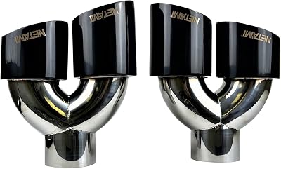 NETAMI 3 Inlet to 4 Quad Staggered Outlet Stainless Steel Exhaust Tip Double Wall Side Exit Black Chrome Finished A Pair