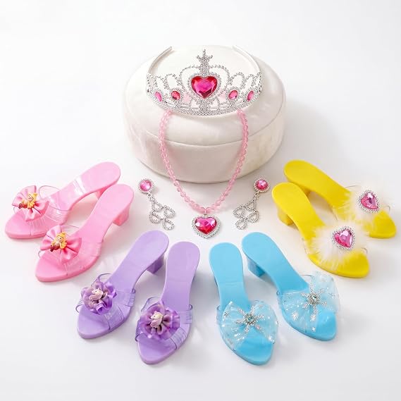 The Magic Toy Shop Girls Princess Shoes &amp; Accessories - 4 Pairs of Kids Dress Up Heels, Tiara, Necklace, Earrings, Storage Box - Play Set for Pretend Roleplay, Beautiful Jewellery, Girls, Ages 3+
