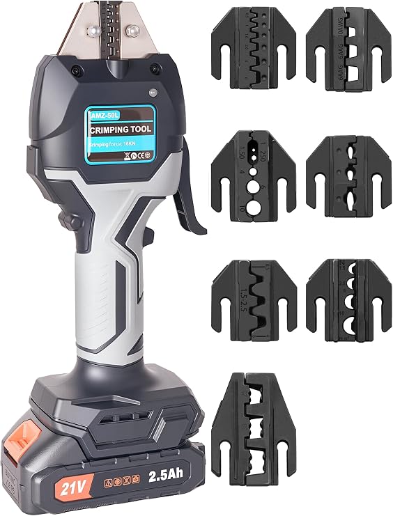 Electric Wire Crimper Battery Powered 0.5-50mm2 7 Dies Tool Kit Set | Electricians Wire Connectors Ferrule Terminals Butt Connectors Panel Wiring Automotive Marine Industrial Repair