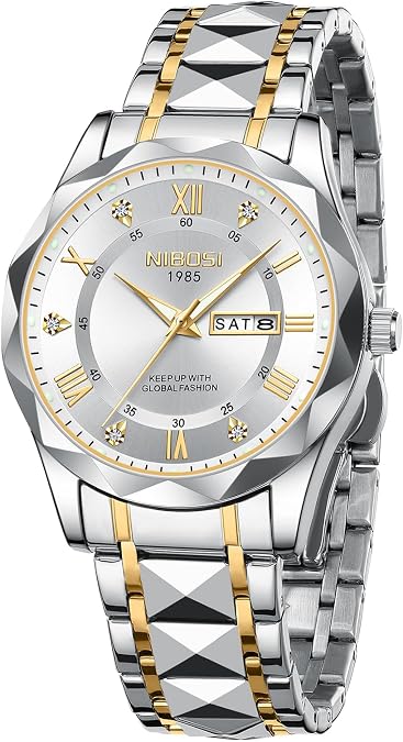 NIBOSI Men's Analog Quartz Watch with Day-Date, Diamond Markers, Stainless Steel, Water Resistant, Luminous, Classic Business Black Dial Two-Tone Gold Silver Strap