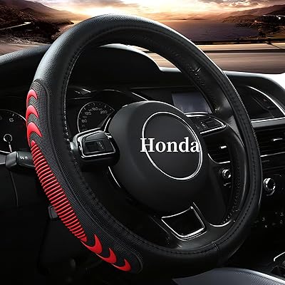 Leather Steering Wheel Cover for Honda Civic Accord CR-V, 14.5-15 inches Car Steering Wheel Cover with Anti-Slip Massage Particle Red