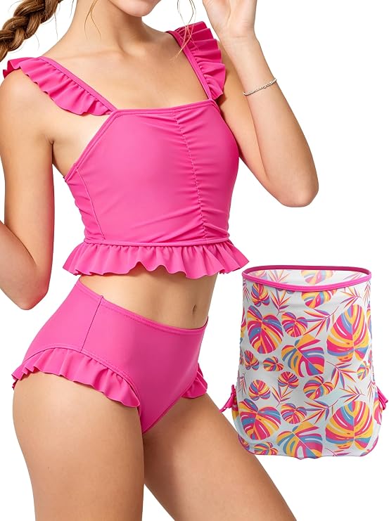Girls Swimsuit Set Bandeau Top w/BuiltinLining,Tri Briefs w/Mesh Gusset,Adj.Ring Straps,Soft Stretch,Pool Party4-10Y