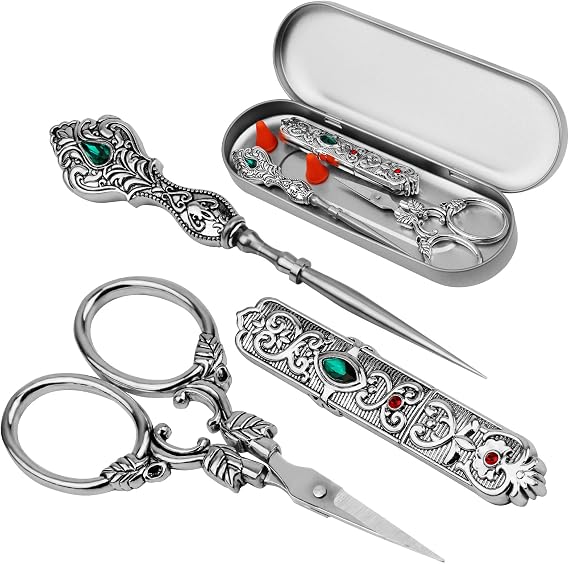 kdafio Embroidery Scissors Kits, Vintage Embroidery Scissors Kit for Sewing | Embroidery Scissors Kit with Scissors, Sewing Awl, Needle Case for Sewing, Cutting, Artwork, Needlework (Silver)