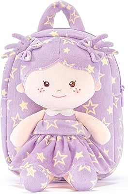 Onetoo Toddler Backpacks Back to School Gifts for Girls Kids Backpack with Soft Tanned Baby Dolls in Purple Star Dress 9