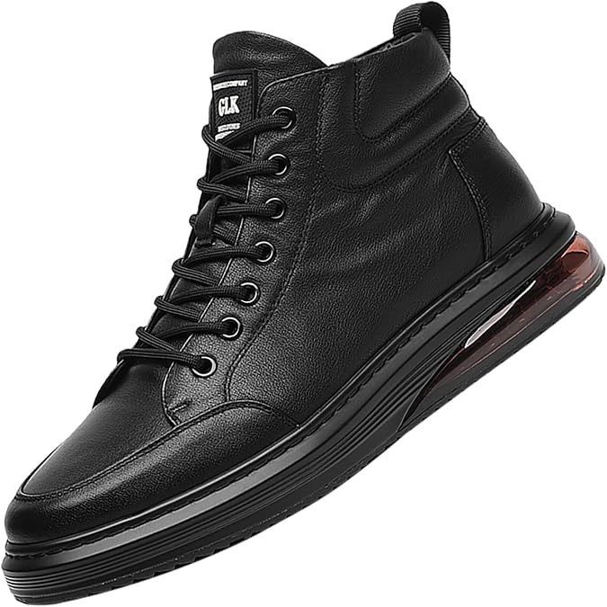 Mens High Top Shoes Black Lace Up Leather Boots Casual Leather Oxford Sneaker Boots Round Toe Zipper Boots for Men