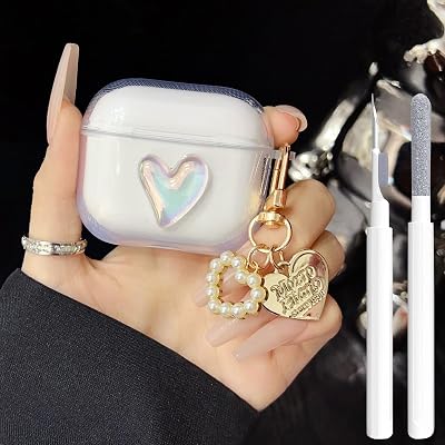 Cute AirPods 3rd Generation Case Clear, Girly 3D Heart Design Soft TPU Protective Cover Apple iPod 3rd Generation Case with Cleaner Kit & Keychain Girls Women Heart