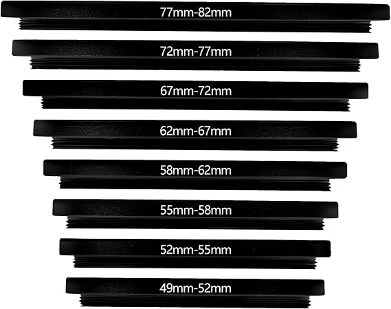 8 Step-Up Rings Set, Lens filter Adapters: 49mm 52mm 55mm 58mm 62mm 67mm 72mm 77mm 82mm