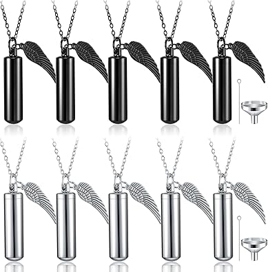 Kigeli 10 Pcs Urn Necklace for Ashes Cremation Jewelry for Human Ashes Bulk for Loved One Women Men with Wing Stainless Steel Cremation Keepsake Memorial Necklace Angel Cylinder Pendant Set