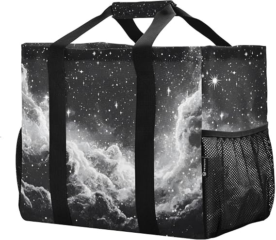 Reusable Grocery Bags Foldable Black Night Sky Shopping Bags, Heavy Duty Grocery Bags with Reinforced Bottom & Handles