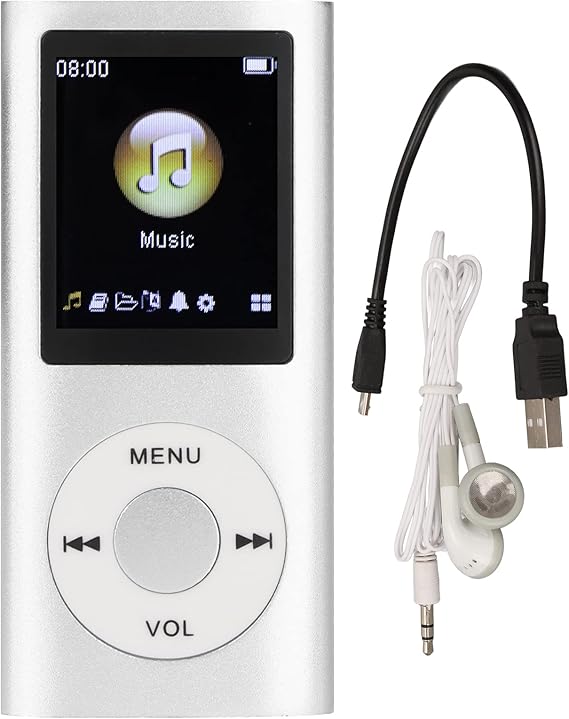 MP3 Player Stylish Multifunctional Lossless Sound Music Player with Earphones,Slim 1.8 Inch LCD Screen Portable MP3 Music Player,Support 64G Memory Card(Silver)