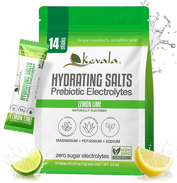 Kevala Electrolytes Lemon Lime Powder Packets | Sugar Free Drink Mix Packets with Prebiotics, Potassium & Salt Electrolytes | Keto Hydration Packets | Rehydration Support | 1 Pack (14 Sticks)