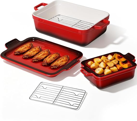 ACMLIFE Ceramic Casserole Dish for Oven, Ceramic Baking Dish Set with Roasting Racks, Floral Baking Dishes for Oven Lasagna Pan, Large Baking Dish with Handles, Durable and Oven Safe Pan, Gift Packaging 4 Pcs Set(13"x8"+10.3"x6.3") (casserole dish with lid red)
