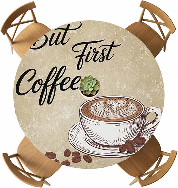 Round Fitted Tablecloth with Elastic Edge,Retro Coffee Theme Waterproof Table Cover Fits 55"-60" Circle Tables,Coffee Cup Beans Vintage Back Table Cloth for Home Kitchen Dining Party