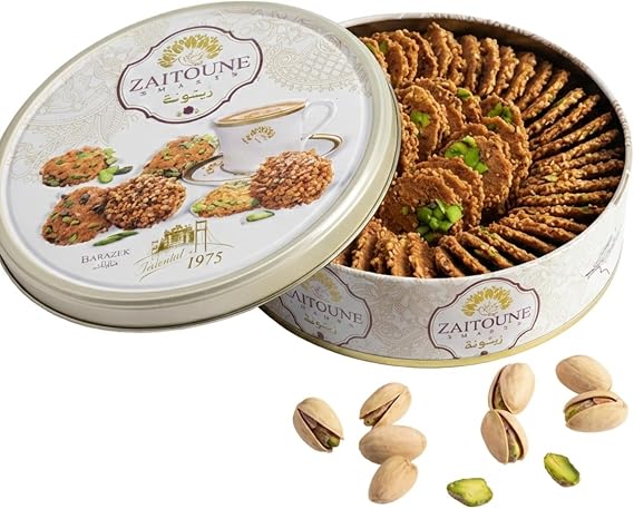 Zaitoune Barazek Cookies - 250 g | Luxurious Crunchy Sesame & Pistachio Biscuits Handcrafted in Turkey | Beautiful Reusable Gift Tin | Perfect for Coffee or Tea | Great Sharing Present