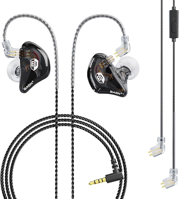 BASN Bsinger Professional in Ear Monitor Headphones, Dual Drivers 2-Pin IEM Earbuds with Mic, Clear Sound HiFi Earphones for Musicians Drummers and Stage (Black, 2-Pin)