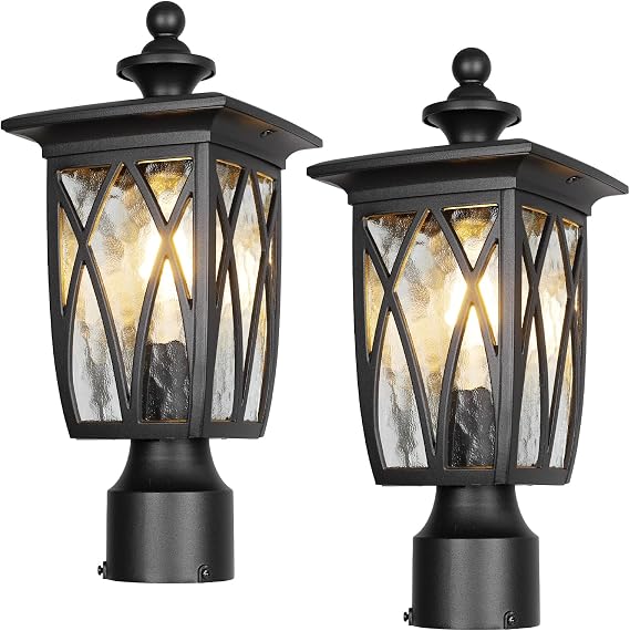 2 Pack Outdoor Post Lights Lamp Post Light Fixture,15'' Pole Lantern with E26 Base 60W Max & Waterproof Aluminum Housing Plus Water Ripple Glass,Fence Post Deck Lighting for Garden, Patio, Pathway