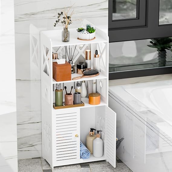 Small Cabinet with Doors, Freestanding Bathroom Floor Storage Cabinet, 15.75 X 9.45 X 35.43in Wooden Floor Cabinet, Kitchen Pantry Cabinet with Doors for Living Room Hallway Entryway White