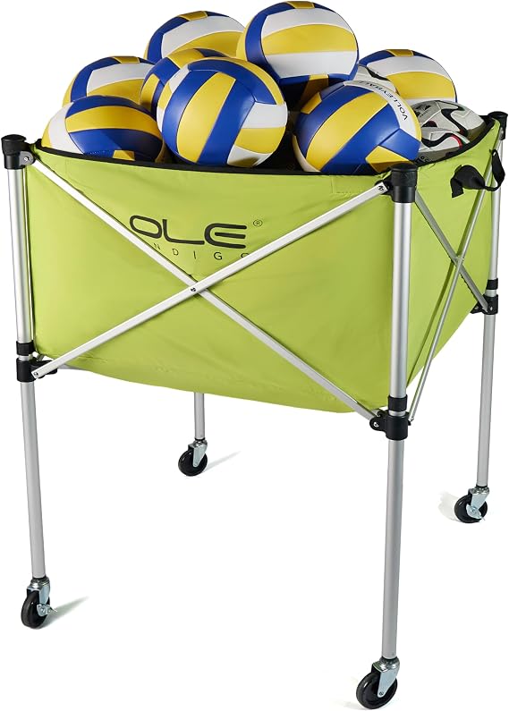 Volleyball Ball Cart with Wheels, Collapsible 26-Ball Storage | Portable collapsible ball cart holds 26 balls for volleyball, rugby, or soccer indoors and outdoors.