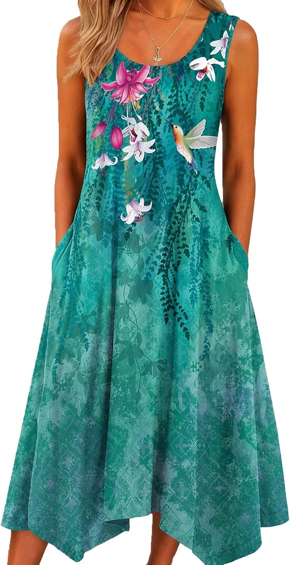HOTOUCH Women's Casual Summer Dress Sleeveless Sundress Hankerchief Hem Midi Tank Dresses Beach Dress with Pockets