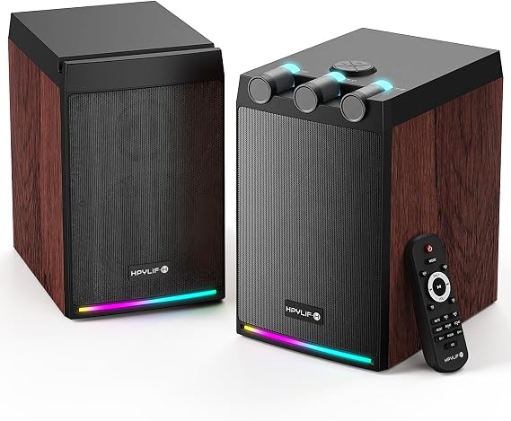 100W Powered Bluetooth Bookshelf Speakers,2.0 Wireless HiFi Speaker with Subwoofer and Led Light,Dynamic 3D Surround Sound,for Home Music,Vinyl Records, Home Theatre, Gaming,TV -Wood Grain