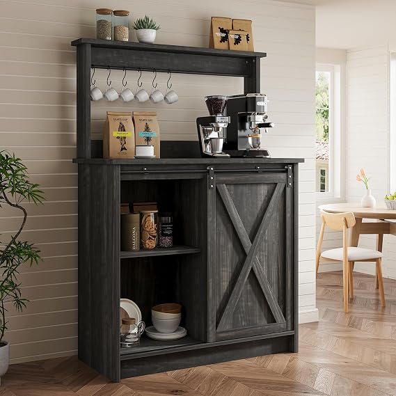4ever2buy Farmhouse Coffee Bar Cabinet with Sliding Barn Door, 31.5", Dark Oak