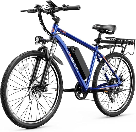 Jasion EB5 Electric Bike for Adults with Peak 750W Brushless Motor, 40Miles 20MPH Commuting Electric Mountain Bike with 360Wh Removable Battery, 7-Speed, 26" Tires and Front Fork Suspension