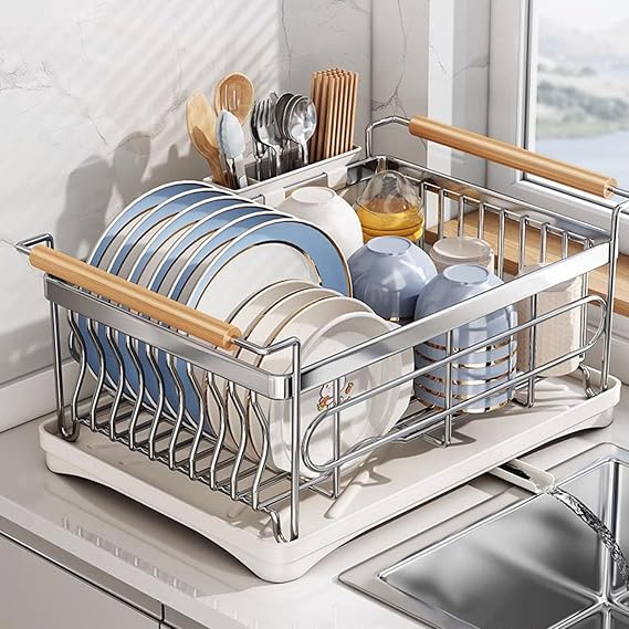 Dish Drying Rack,304 Stainless Steel Countertop Dish Rack, Dish Drainer with Adjustable Water Outlet, for Kitchen Counter,Silver