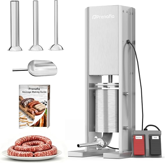 Electric Sausage Stuffer, 8LBS/4L Dual Foot Pedal Sausage Maker, Heavy-Duty Stainless Steel Vertical Meat Stuffer, with 3 Stuffing Tubes & Sausage Recipe for Home Kitchen, Commercial Use