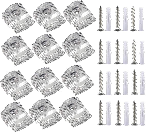 20pcs Clear Plastic Mirror Holder Clips for 1/8 Inch Thickness Mirror Mounting Clip Mirror Hanging Kit with Screw and Anchor for The Wall Mount