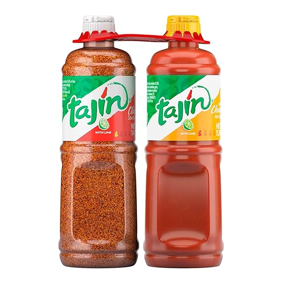 Tajin Clasico Seasoning 14 oz and Tajin Fruity Chamoy Sauce 15.38 oz, Mexican Chile Lime Seasoning and Fruity Sauce for Snacks, Fruit Cups, and Drinks (Pack of 2)