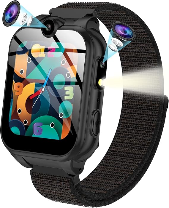 PTHTECHUS Smart Watch, Kids Smart Watch with Audiobook, 18 Puzzle Games, 2 Camera, Music Player, Pedometer, Alarm, Torch, Black