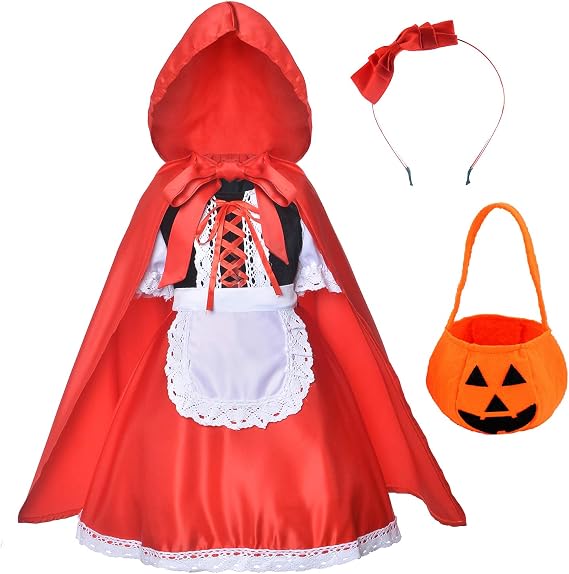 Little Red Riding Hood Dress Christmas Cosplay Costumes for Girls With Cloak,Headband,Bag(2-12Years)