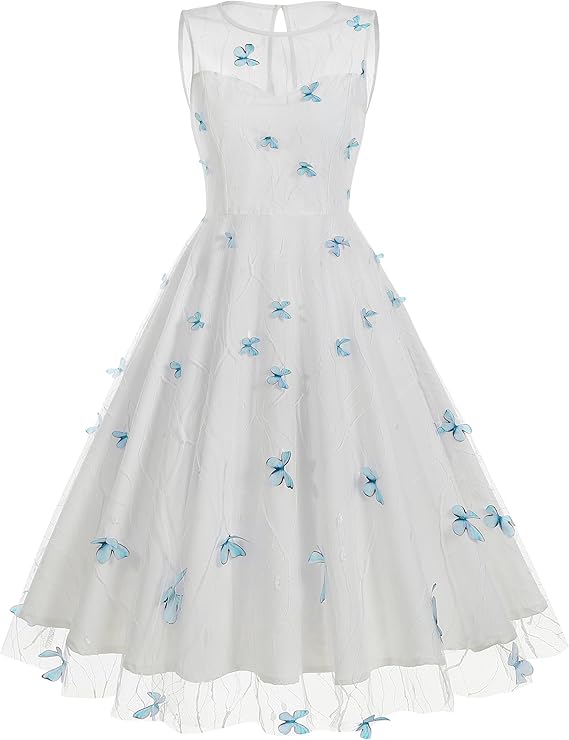 Butterfly Mesh Embroidered Dress - Women's Sleeveless Fit & Flare Cocktail Dress for Valentine's Day
