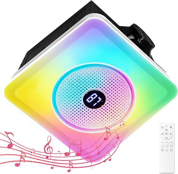 Bathroom Exhaust Fan with Bluetooth Speaker, Bathroom Fan Light, 230 CFM 1.0 Sone, Strong Wind Force & Very Quiet, Noise-cancelling Bluetooth speakers, 7 color dynamic lighting, Play Easy Install