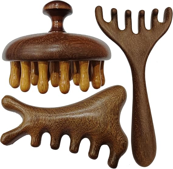 3PCS Multi-Functional Full Body Massager Tool Set for Head, Face, Nose, Eyes, Jaw, Neck, Arm, Shoulder, Leg, Feet, Wooden Scalp Massage Comb for Head, Gua Sha Brush for Women Men, Hair Growth Massage
