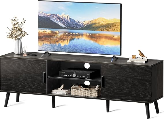 SUPERJARE TV Stand for 55 Inch TV, Entertainment Center with Adjustable Shelf, 2 Cabinets, TV Console Table, Media Console, Solid Wood Feet, Cord Holes, for Living Room, Bedroom, Black